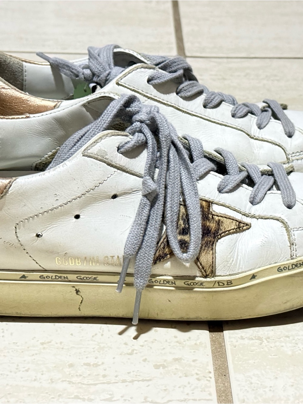 Golden Goose White Leather Sneakers with Gold Star and Gray Laces